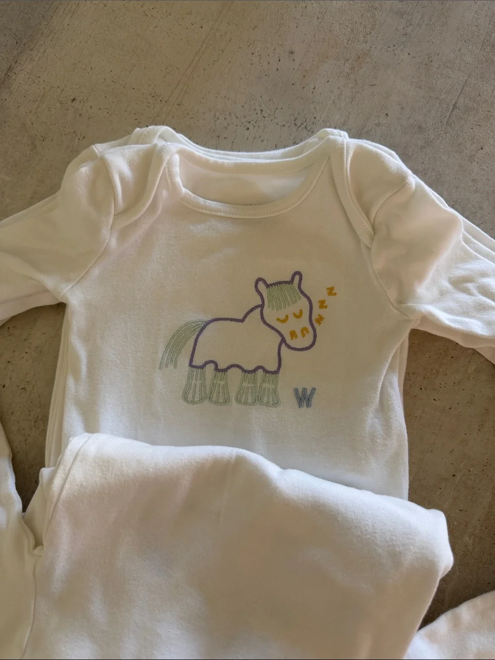 White Long-Sleeve Baby Bodysuit with horse motif ( days of week, complete set)